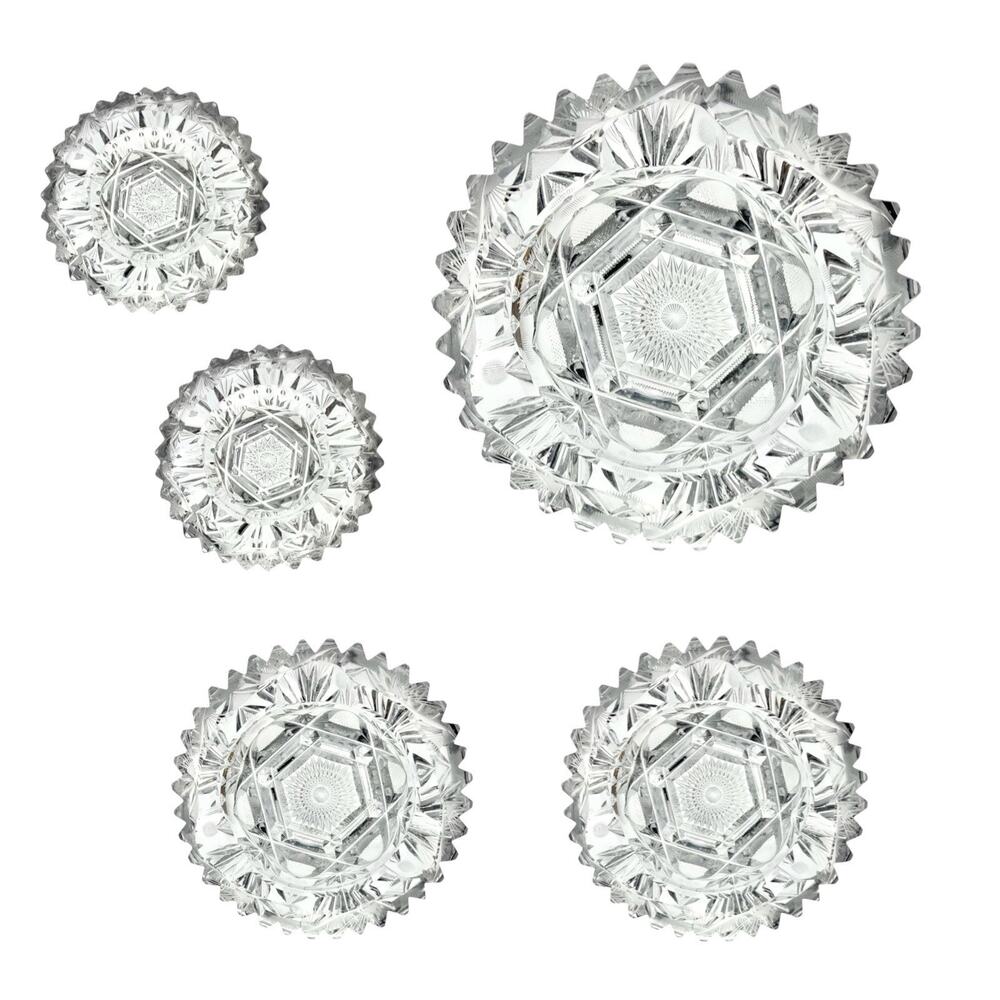 Antique American Brilliant Cut Crystal 5-Piece Heavy Pinwheel Sawtooth Ashtrays